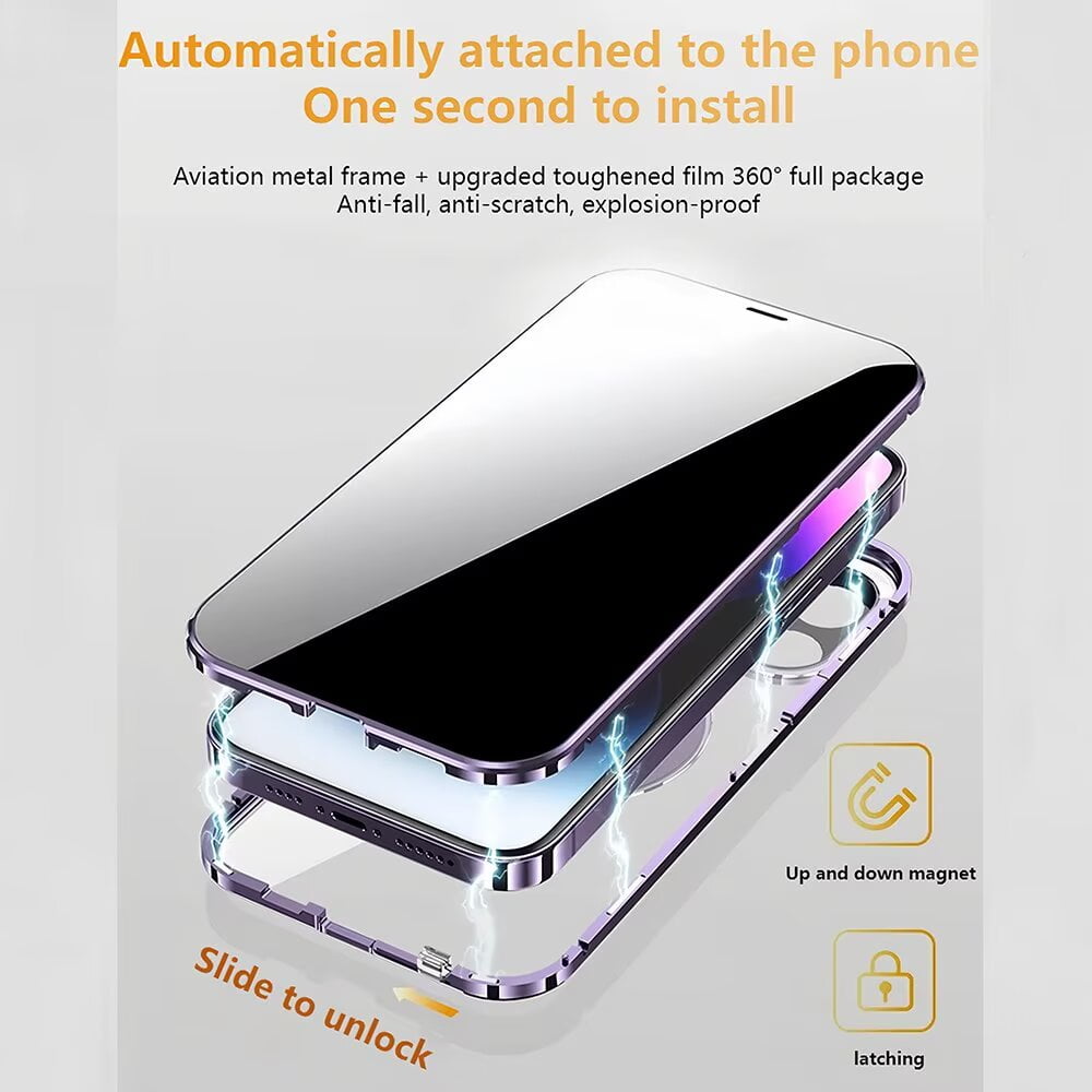 Magnetic Double-Sided Glass Privacy Phone Case Compatible with for iPhone 12, 13, 14, 15 and 16 Pro Max Plus with Security Lock, Comes with Kickstand and Camera Lens Protection.