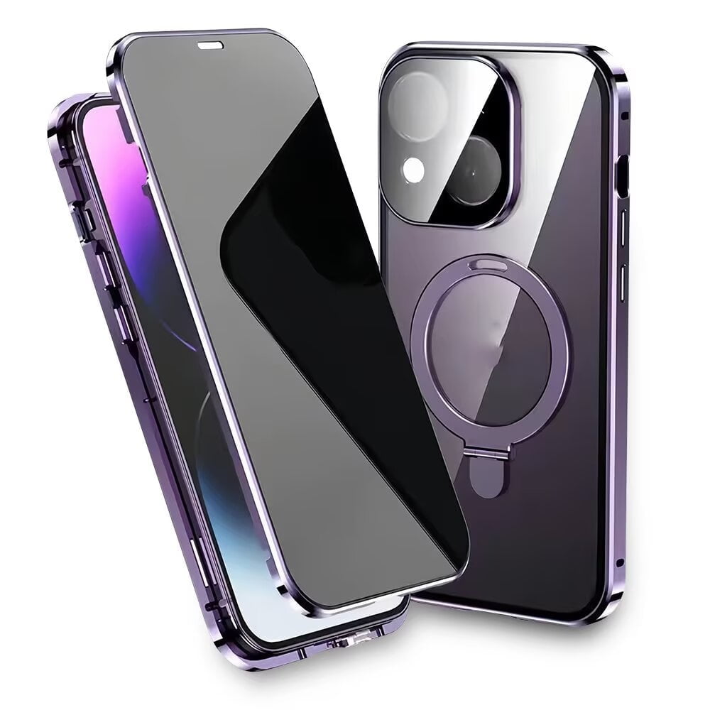 Magnetic Double-Sided Glass Privacy Phone Case Compatible with for iPhone 12, 13, 14, 15 and 16 Pro Max Plus with Security Lock, Comes with Kickstand and Camera Lens Protection.
