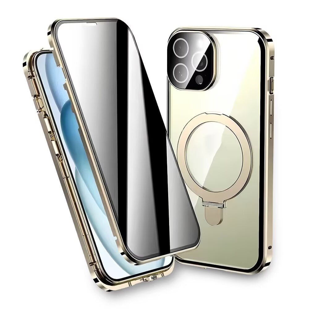 Magnetic Double-Sided Glass Privacy Phone Case Compatible with for iPhone 12, 13, 14, 15 and 16 Pro Max Plus with Security Lock, Comes with Kickstand and Camera Lens Protection.