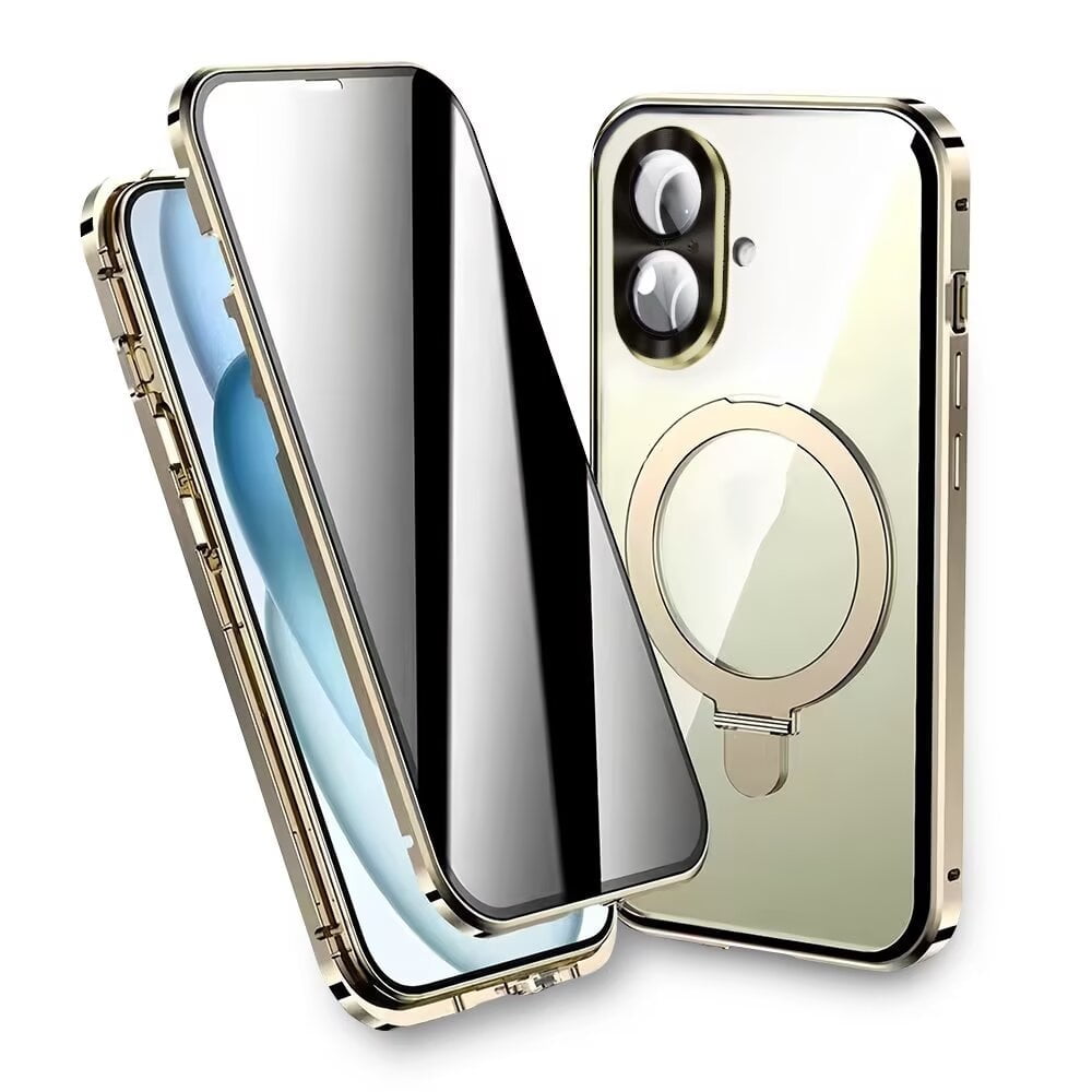Magnetic Double-Sided Glass Privacy Phone Case Compatible with for iPhone 12, 13, 14, 15 and 16 Pro Max Plus with Security Lock, Comes with Kickstand and Camera Lens Protection.
