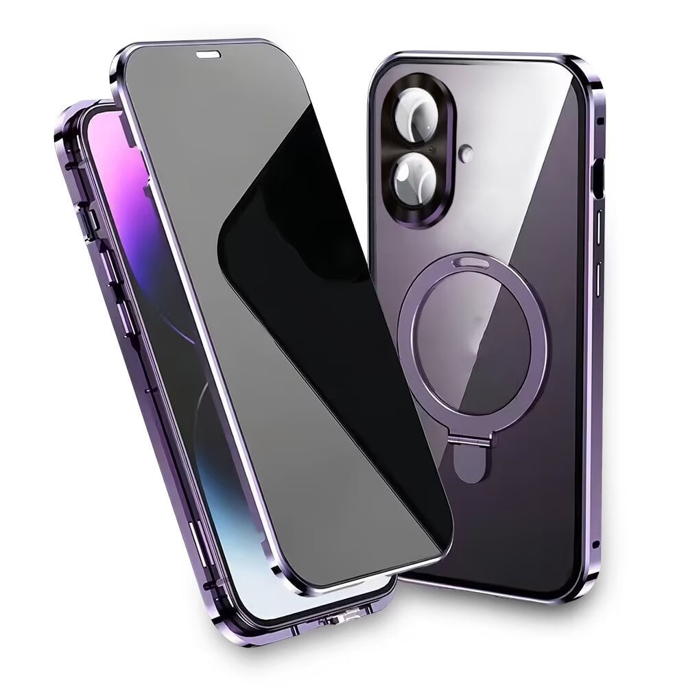 Magnetic Double-Sided Glass Privacy Phone Case Compatible with for iPhone 12, 13, 14, 15 and 16 Pro Max Plus with Security Lock, Comes with Kickstand and Camera Lens Protection.
