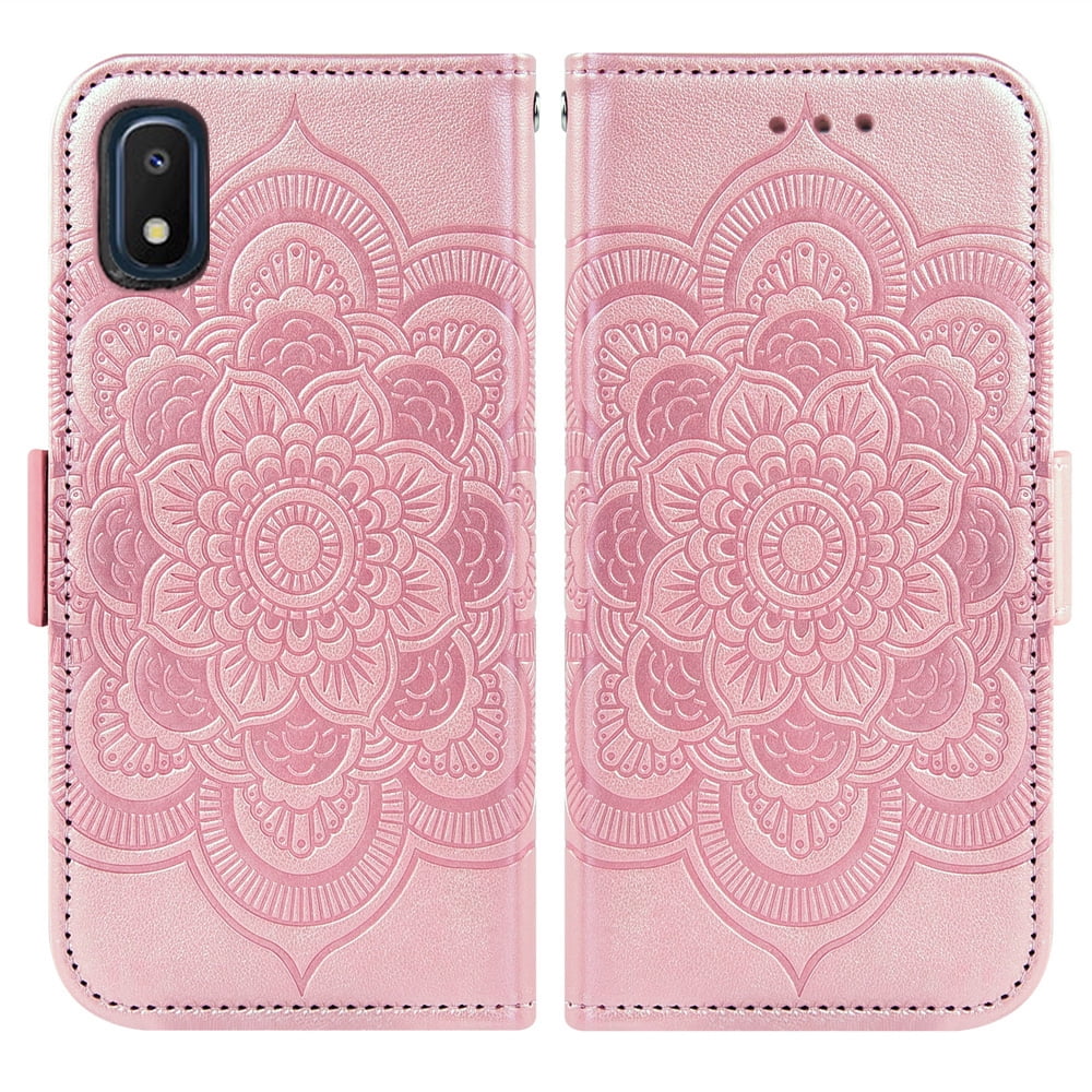 Asuwish Compatible with Samsung Galaxy A10e Wallet Phone Case and Tempered Glass Screen Protector Flip Credit Card Holder Stand Mandala Flower Cell Cover for A 10e 10ae S102DL Women Men Pink