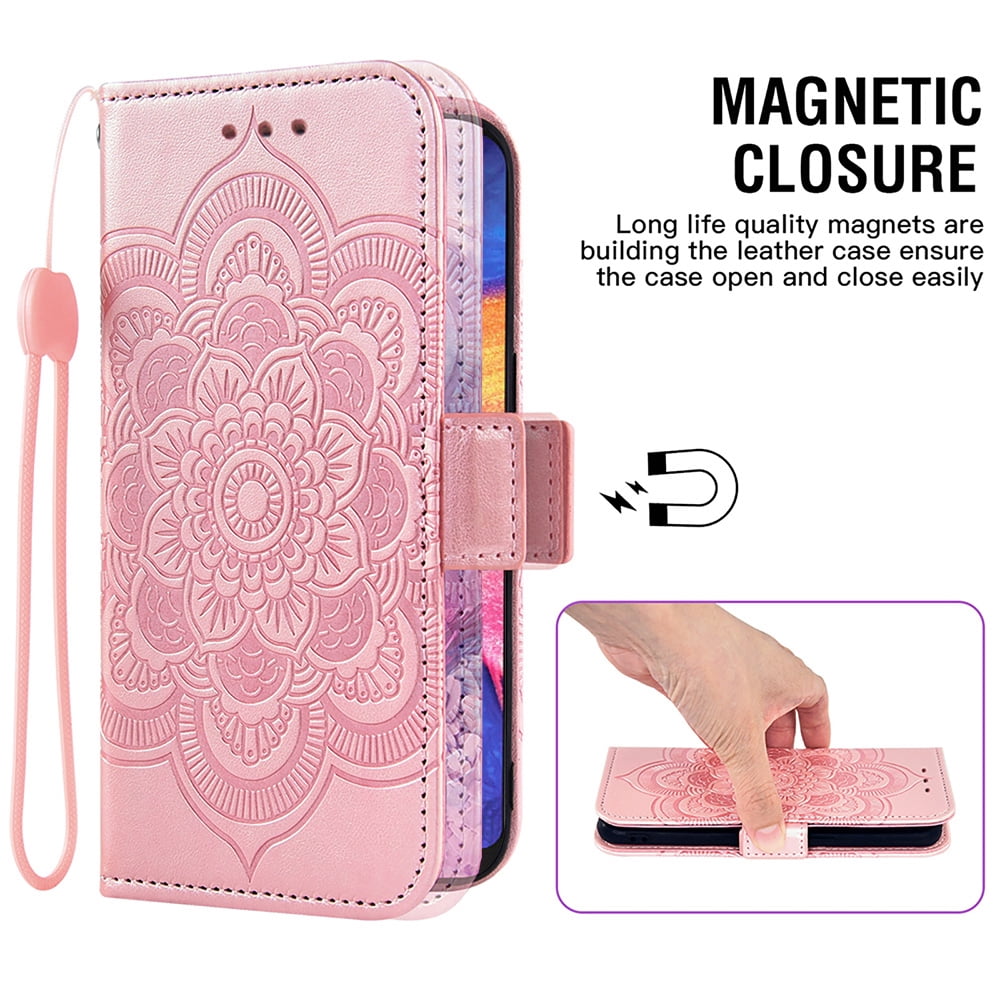 Asuwish Compatible with Samsung Galaxy A10e Wallet Phone Case and Tempered Glass Screen Protector Flip Credit Card Holder Stand Mandala Flower Cell Cover for A 10e 10ae S102DL Women Men Pink