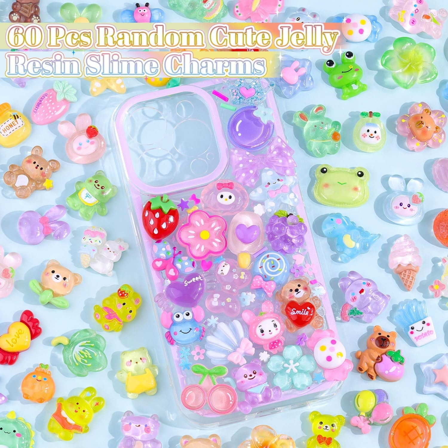 60Pcs Mixed Colors Slime Charms Assorted Cute Jelly Embellishments, Random Bulk Flatback Resin Ornament Bear Star Kawaii Slime Accessories for Phone Junk Case, Scrapbooking Crafting &amp; DIY Decor