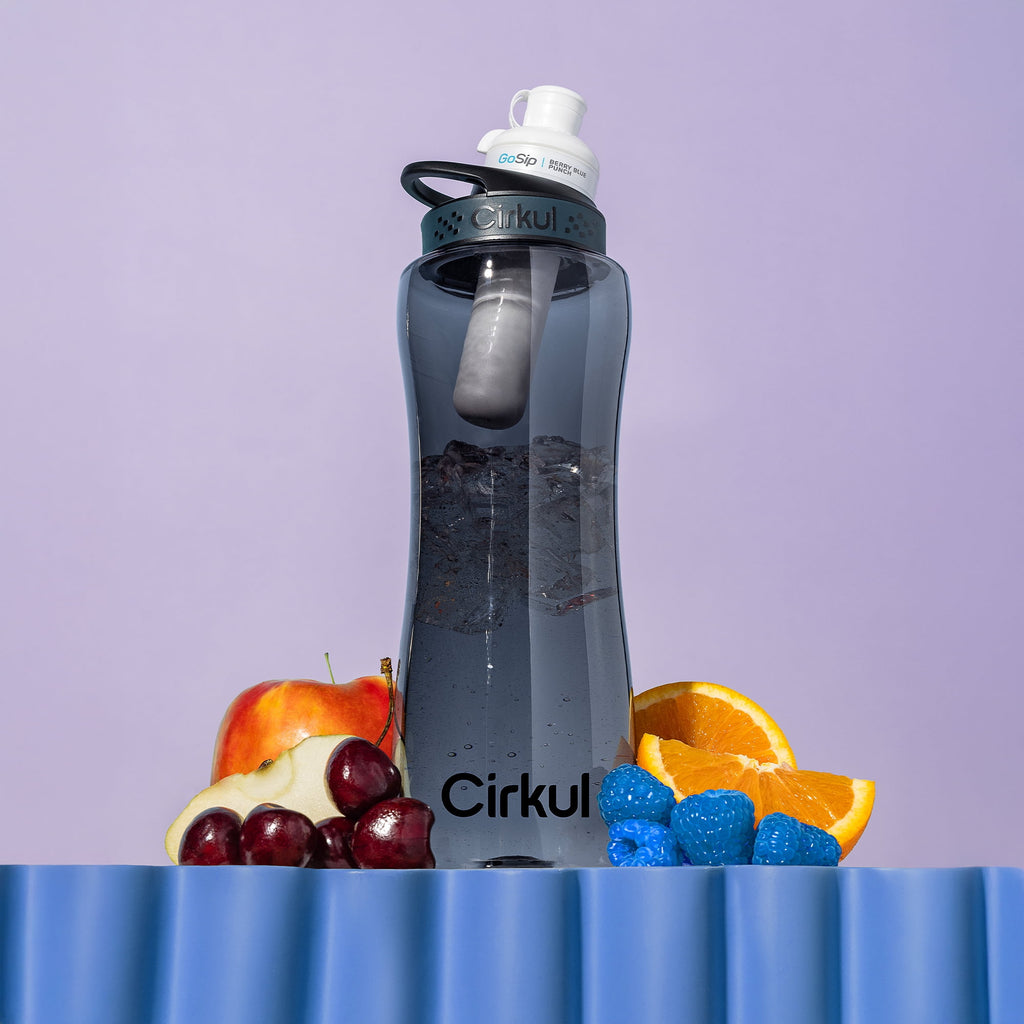 32oz Gray Plastic Bottle with Black Lid and Flavor Cartridge ( Berry Blue Punch)