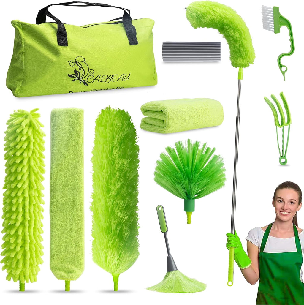 Microfiber Duster with Extension Pole 30 to 100'', Bendable Reusable Washable Feather Dusters for Cleaning High Ceiling Fan, Cobweb, Blinds, Keyboard, Furniture &amp; Cars, Green Gift for Women (11 PCS)