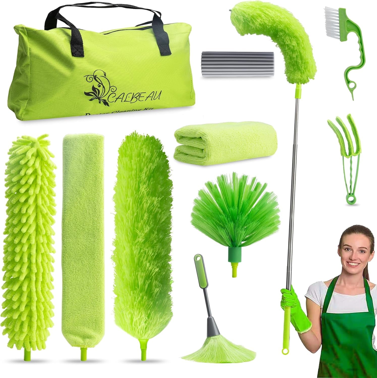 Microfiber Duster with Extension Pole 30 to 100'', Bendable Reusable Washable Feather Dusters for Cleaning High Ceiling Fan, Cobweb, Blinds, Keyboard, Furniture &amp; Cars, Green Gift for Women (11 PCS)