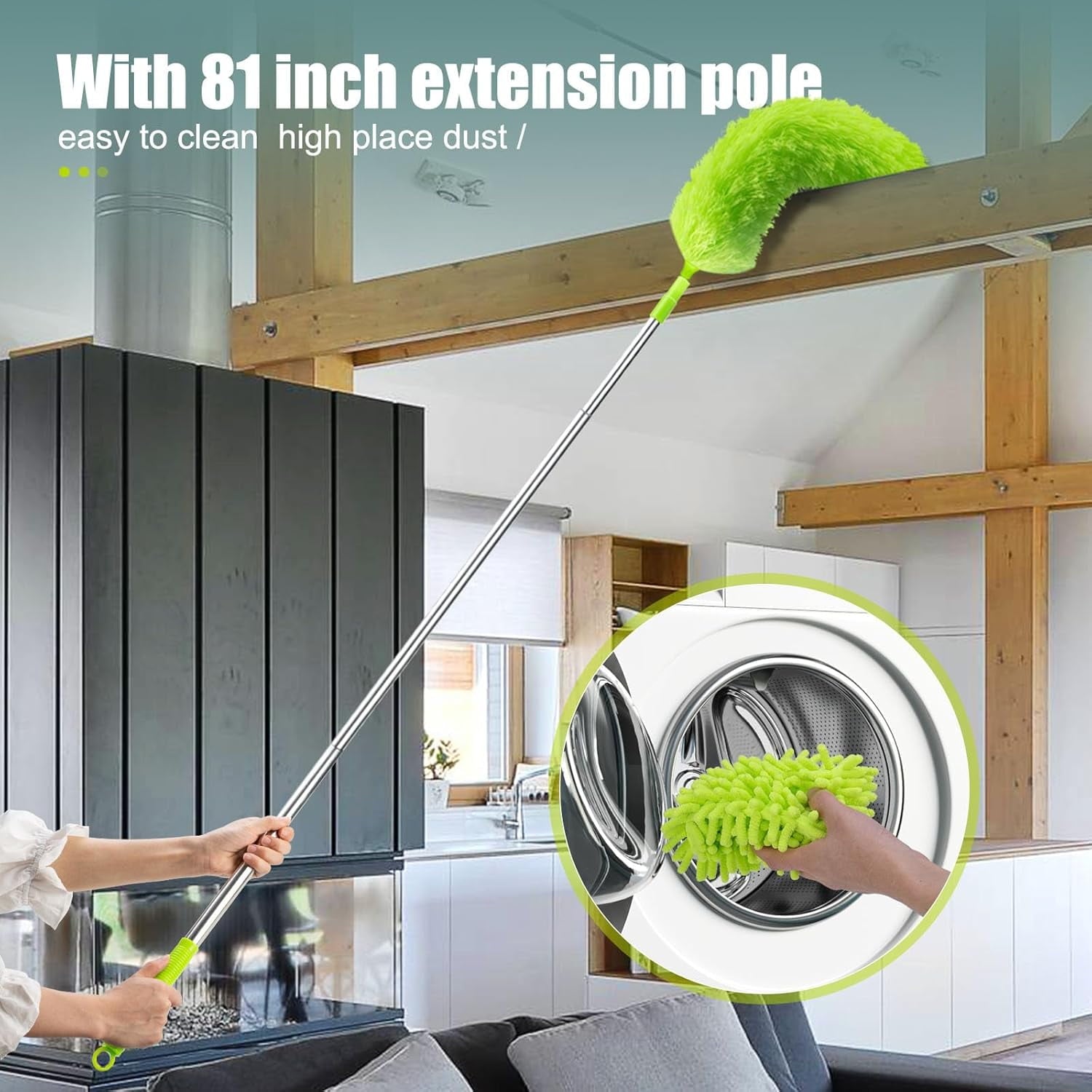 Microfiber Duster with Extension Pole 30 to 100'', Bendable Reusable Washable Feather Dusters for Cleaning High Ceiling Fan, Cobweb, Blinds, Keyboard, Furniture &amp; Cars, Green Gift for Women (11 PCS)