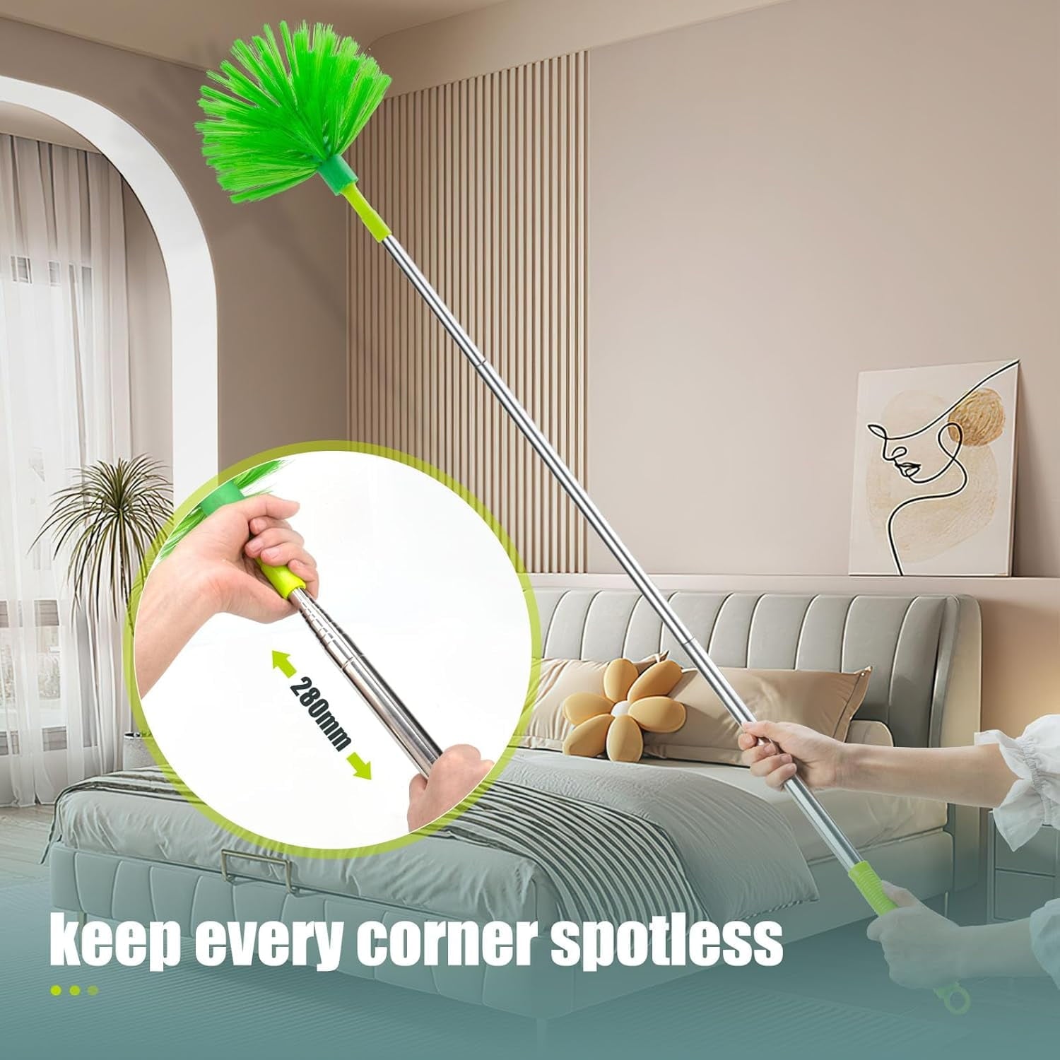 Microfiber Duster with Extension Pole 30 to 100'', Bendable Reusable Washable Feather Dusters for Cleaning High Ceiling Fan, Cobweb, Blinds, Keyboard, Furniture &amp; Cars, Green Gift for Women (11 PCS)