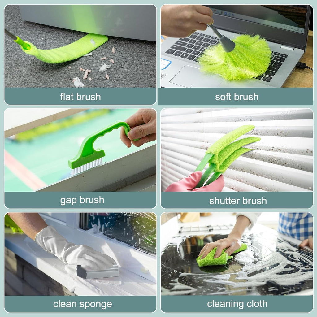 Microfiber Duster with Extension Pole 30 to 100'', Bendable Reusable Washable Feather Dusters for Cleaning High Ceiling Fan, Cobweb, Blinds, Keyboard, Furniture &amp; Cars, Green Gift for Women (11 PCS)