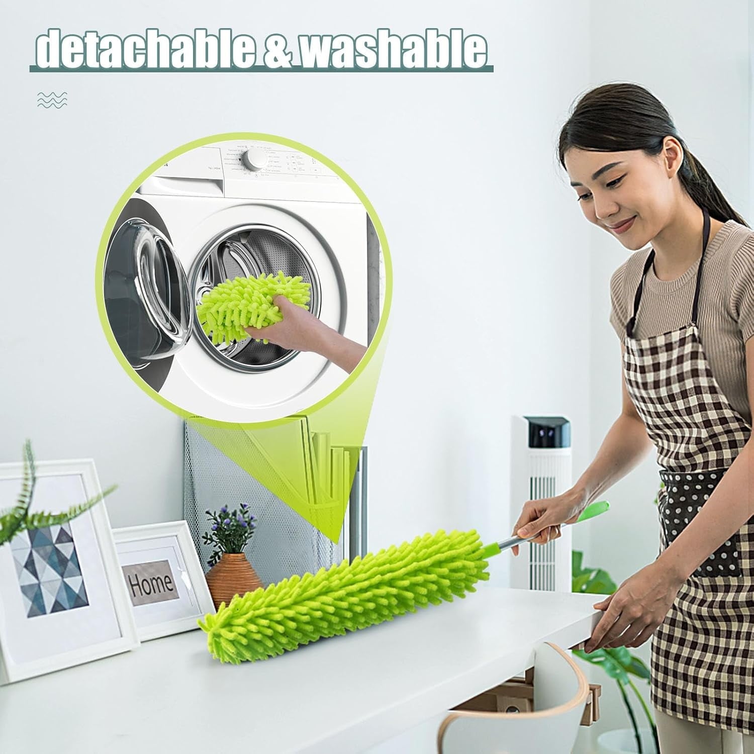 Microfiber Duster with Extension Pole 30 to 100'', Bendable Reusable Washable Feather Dusters for Cleaning High Ceiling Fan, Cobweb, Blinds, Keyboard, Furniture &amp; Cars, Green Gift for Women (11 PCS)