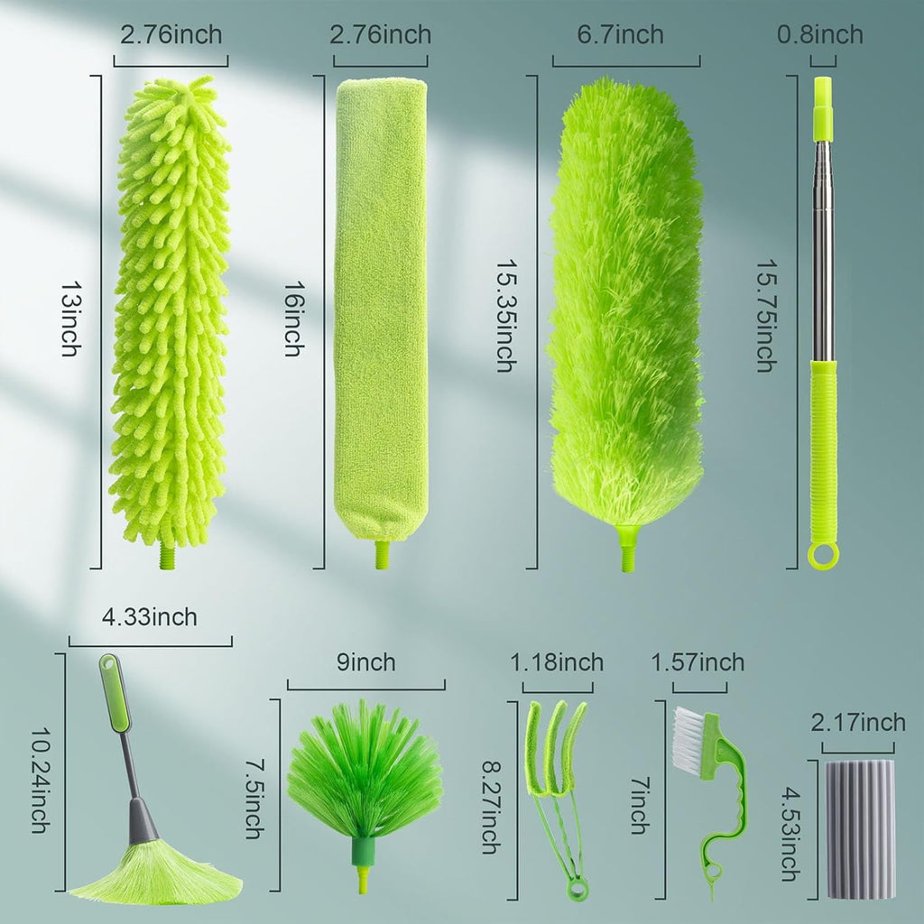 Microfiber Duster with Extension Pole 30 to 100'', Bendable Reusable Washable Feather Dusters for Cleaning High Ceiling Fan, Cobweb, Blinds, Keyboard, Furniture &amp; Cars, Green Gift for Women (11 PCS)