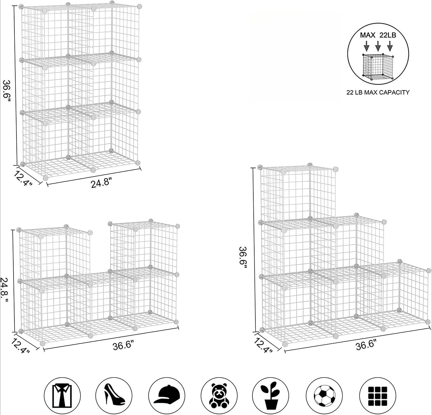 8-Cube Wire Storage Organizer | 24.8"L x12.4"W x48.4"H Modular DIY Metal Grid Shelving for Living Room Office Closet
