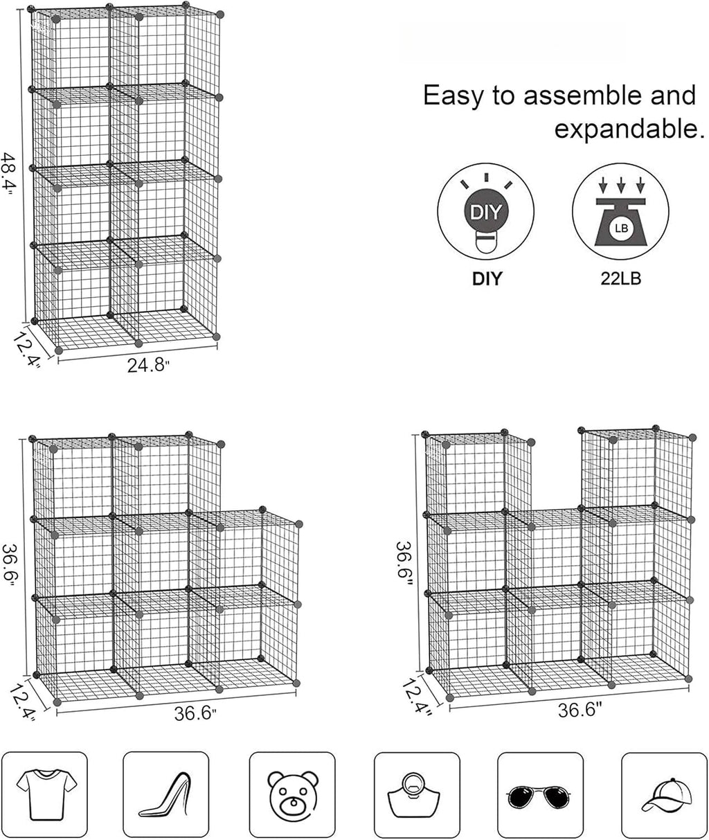 8-Cube Wire Storage Organizer | 24.8"L x12.4"W x48.4"H Modular DIY Metal Grid Shelving for Living Room Office Closet