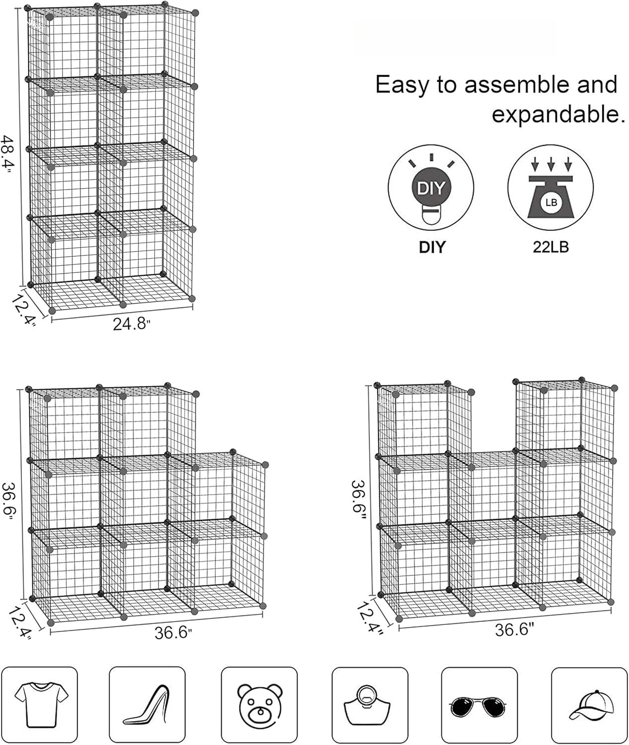8-Cube Wire Storage Organizer | 24.8"L x12.4"W x48.4"H Modular DIY Metal Grid Shelving for Living Room Office Closet