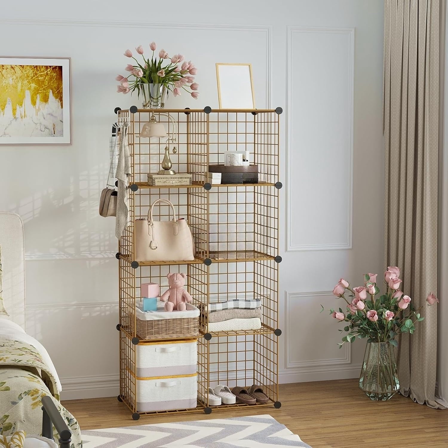 8-Cube Wire Storage Organizer | 24.8"L x12.4"W x48.4"H Modular DIY Metal Grid Shelving for Living Room Office Closet
