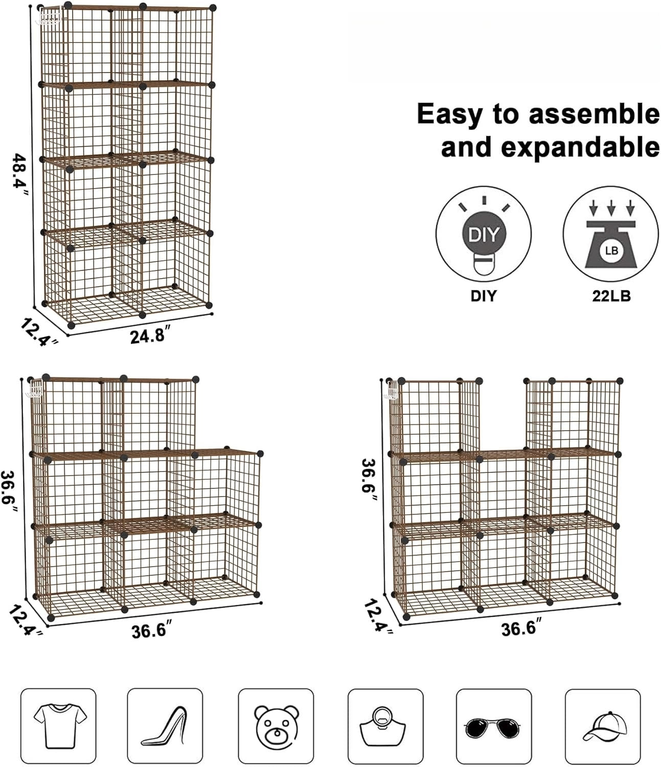 8-Cube Wire Storage Organizer | 24.8"L x12.4"W x48.4"H Modular DIY Metal Grid Shelving for Living Room Office Closet