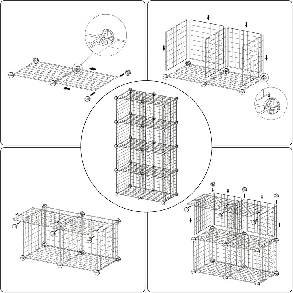 8-Cube Wire Storage Organizer | 24.8"L x12.4"W x48.4"H Modular DIY Metal Grid Shelving for Living Room Office Closet