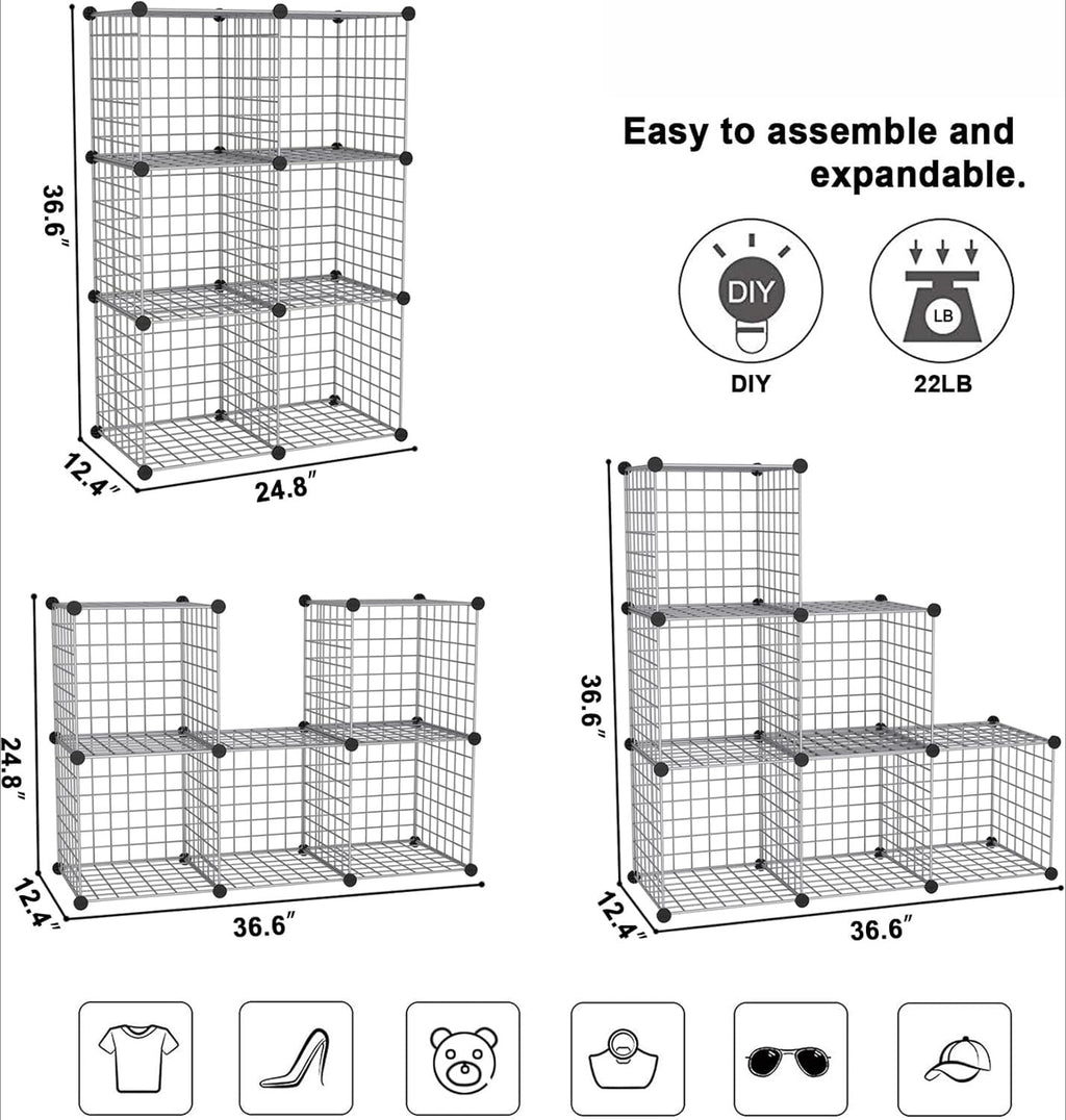 8-Cube Wire Storage Organizer | 24.8"L x12.4"W x48.4"H Modular DIY Metal Grid Shelving for Living Room Office Closet
