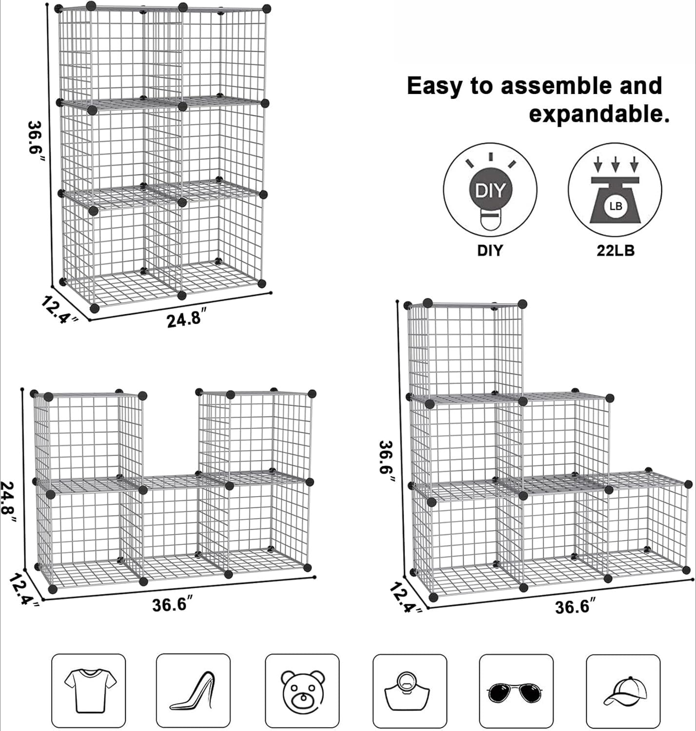 8-Cube Wire Storage Organizer | 24.8"L x12.4"W x48.4"H Modular DIY Metal Grid Shelving for Living Room Office Closet