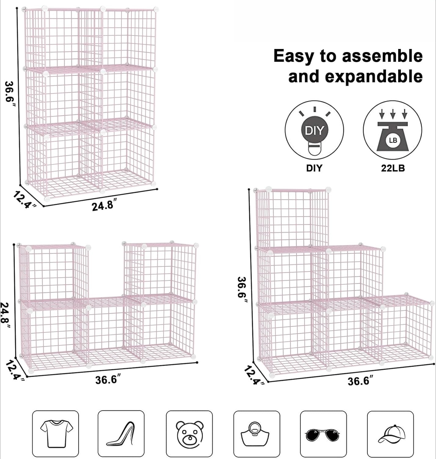 8-Cube Wire Storage Organizer | 24.8"L x12.4"W x48.4"H Modular DIY Metal Grid Shelving for Living Room Office Closet