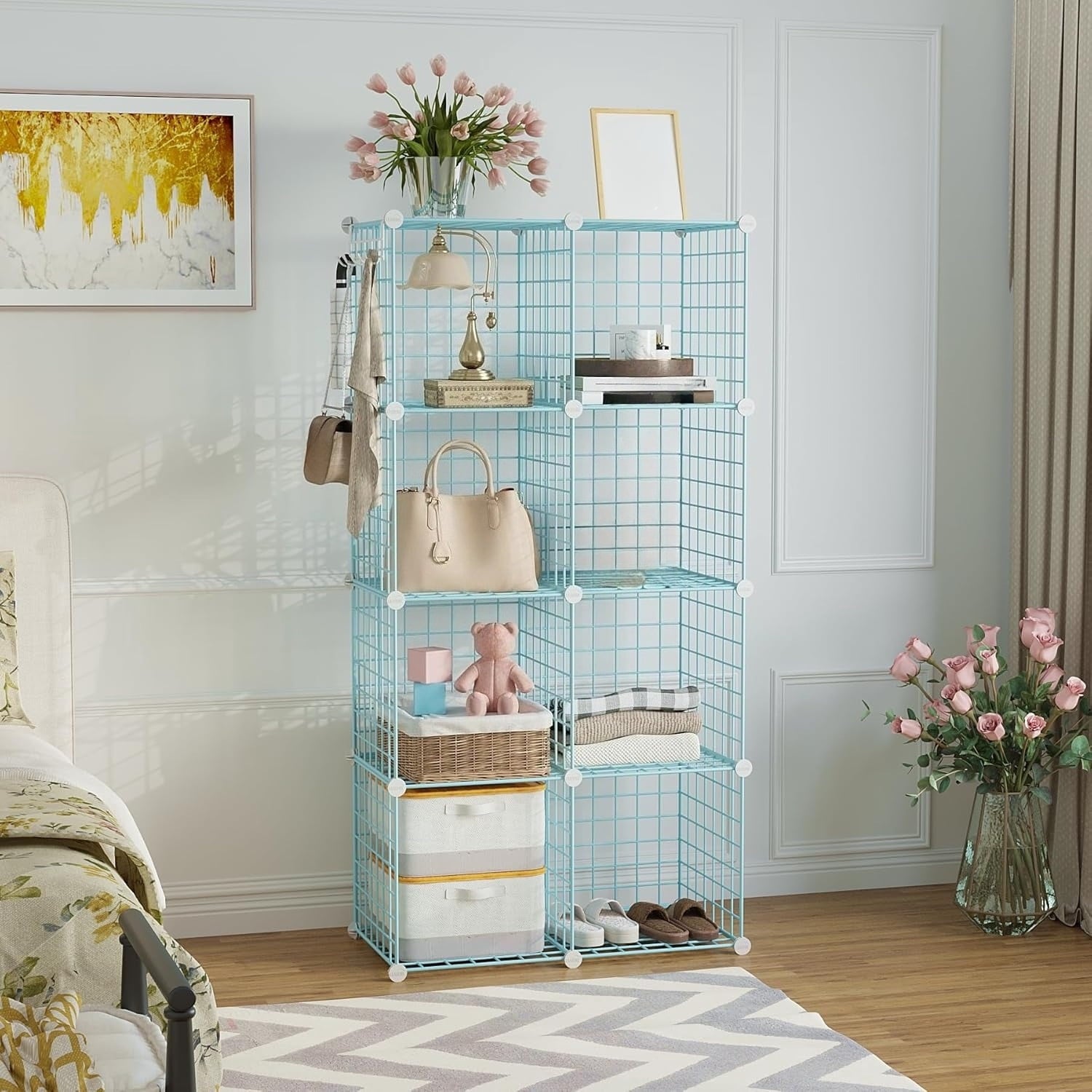 8-Cube Wire Storage Organizer | 24.8"L x12.4"W x48.4"H Modular DIY Metal Grid Shelving for Living Room Office Closet