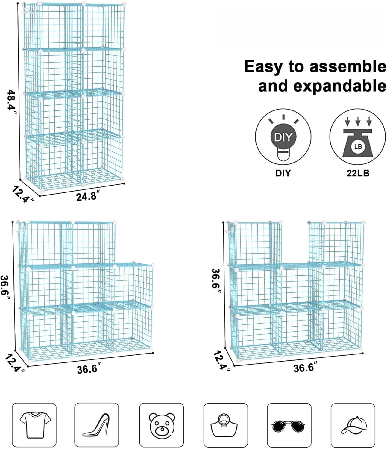 8-Cube Wire Storage Organizer | 24.8"L x12.4"W x48.4"H Modular DIY Metal Grid Shelving for Living Room Office Closet