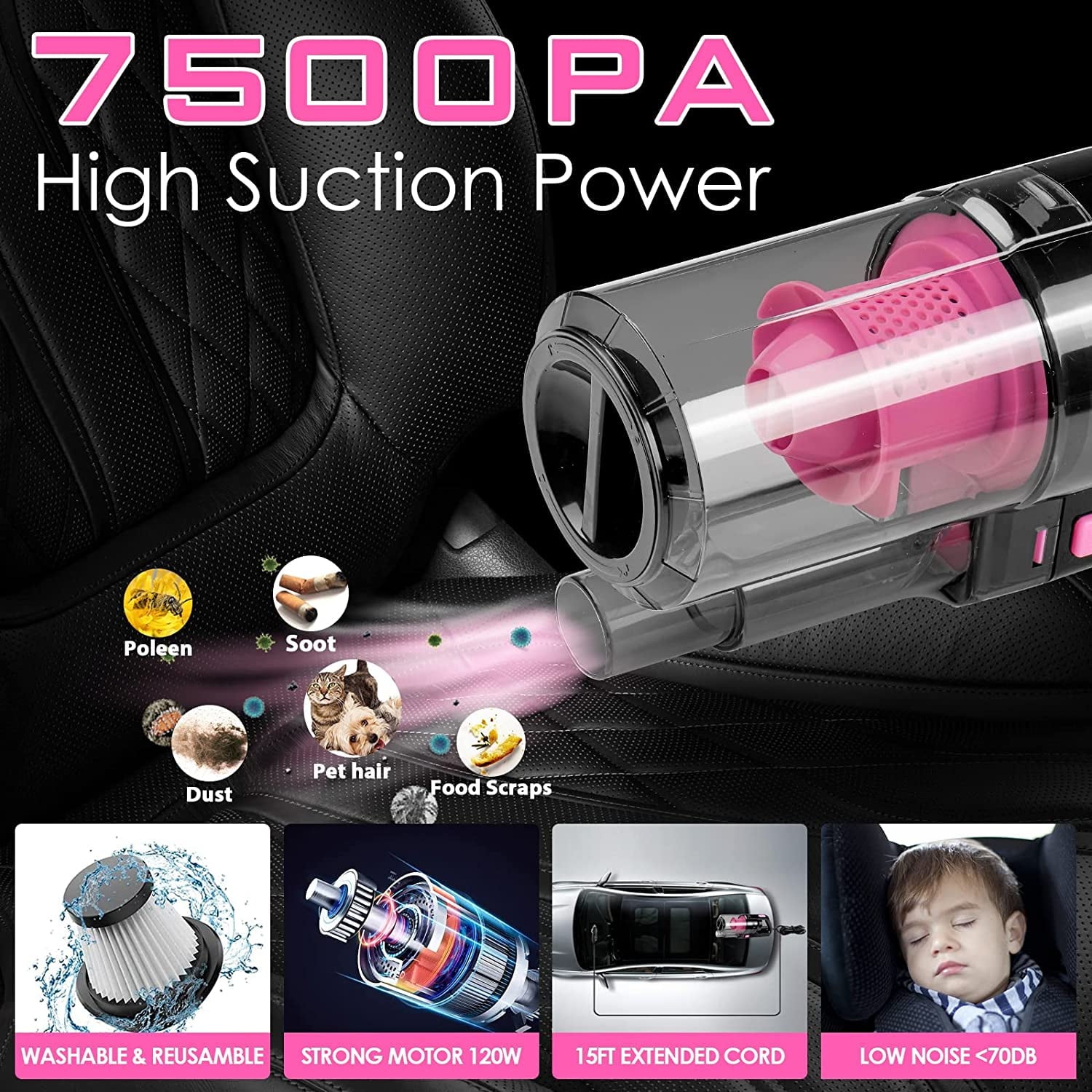 SwiftPulse 17pcs Car Cleaning Kit, Pink Car Interior Detailing Kit with High Power Handheld Vacuum, Detailing Brush Set, Windshield Cleaner, Cleaning Gel, Complete Auto Accessories for Women Gift