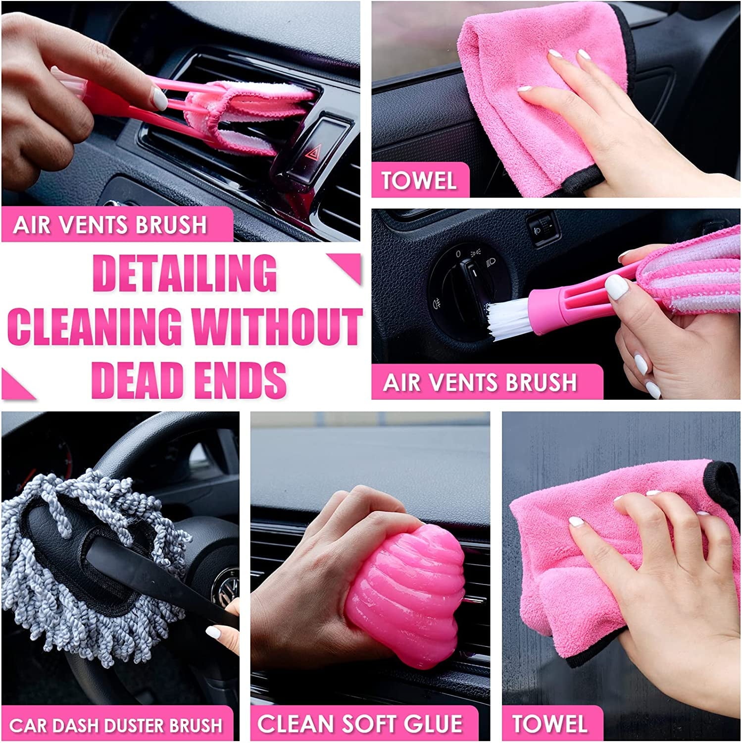 SwiftPulse 17pcs Car Cleaning Kit, Pink Car Interior Detailing Kit with High Power Handheld Vacuum, Detailing Brush Set, Windshield Cleaner, Cleaning Gel, Complete Auto Accessories for Women Gift