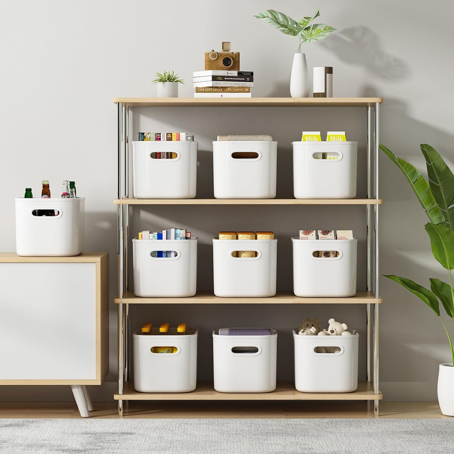 6 Pack White Storage Bins with Lids Stackable Storage Container for Organizing, Storage Boxes with Handle for Shelves, Cute Organizer Bins for Craft, Snacks, 9.85x6.9x5.7 inch