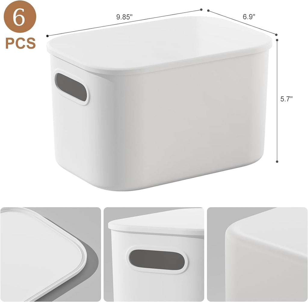 6 Pack White Storage Bins with Lids Stackable Storage Container for Organizing, Storage Boxes with Handle for Shelves, Cute Organizer Bins for Craft, Snacks, 9.85x6.9x5.7 inch