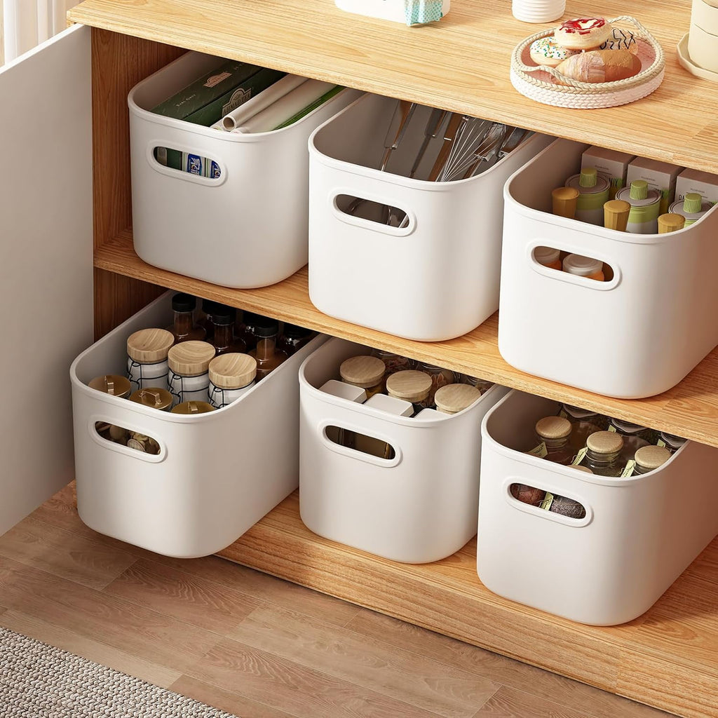 6 Pack White Storage Bins with Lids Stackable Storage Container for Organizing, Storage Boxes with Handle for Shelves, Cute Organizer Bins for Craft, Snacks, 9.85x6.9x5.7 inch