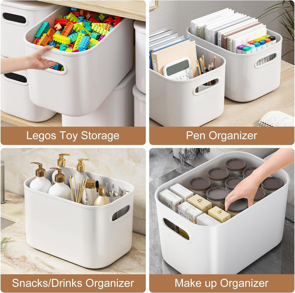 6 Pack White Storage Bins with Lids Stackable Storage Container for Organizing, Storage Boxes with Handle for Shelves, Cute Organizer Bins for Craft, Snacks, 9.85x6.9x5.7 inch