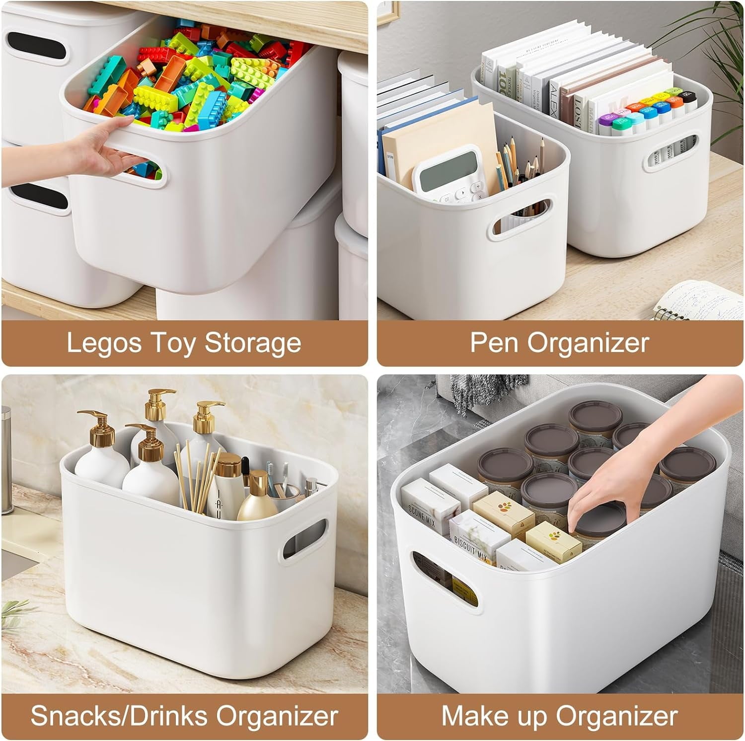 6 Pack White Storage Bins with Lids Stackable Storage Container for Organizing, Storage Boxes with Handle for Shelves, Cute Organizer Bins for Craft, Snacks, 9.85x6.9x5.7 inch