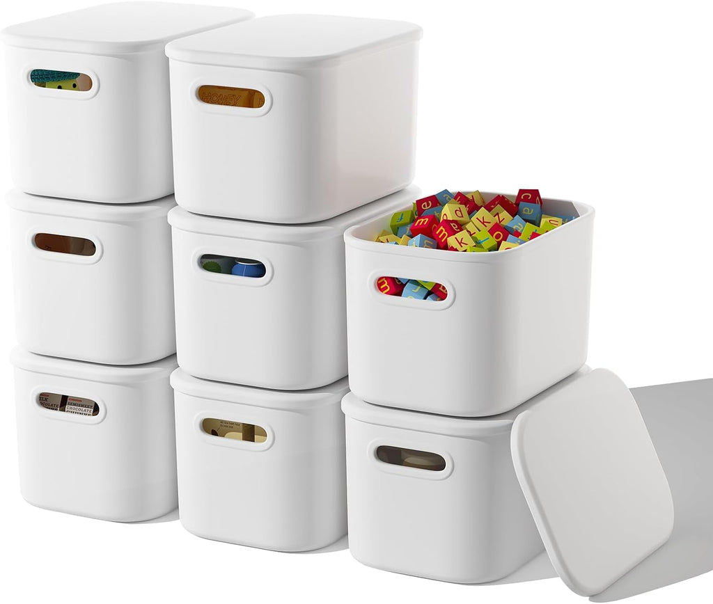 6 Pack White Storage Bins with Lids Stackable Storage Container for Organizing, Storage Boxes with Handle for Shelves, Cute Organizer Bins for Craft, Snacks, 9.85x6.9x5.7 inch