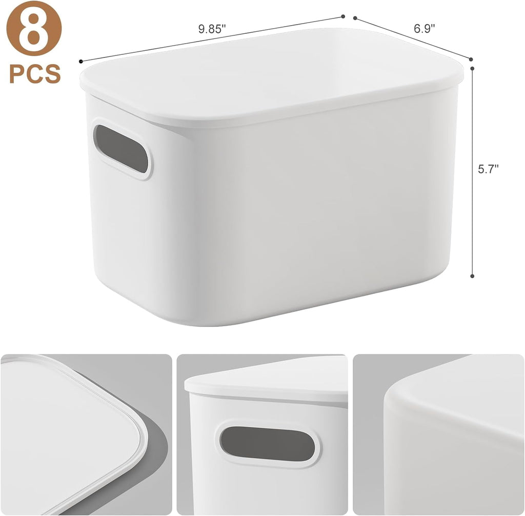 6 Pack White Storage Bins with Lids Stackable Storage Container for Organizing, Storage Boxes with Handle for Shelves, Cute Organizer Bins for Craft, Snacks, 9.85x6.9x5.7 inch
