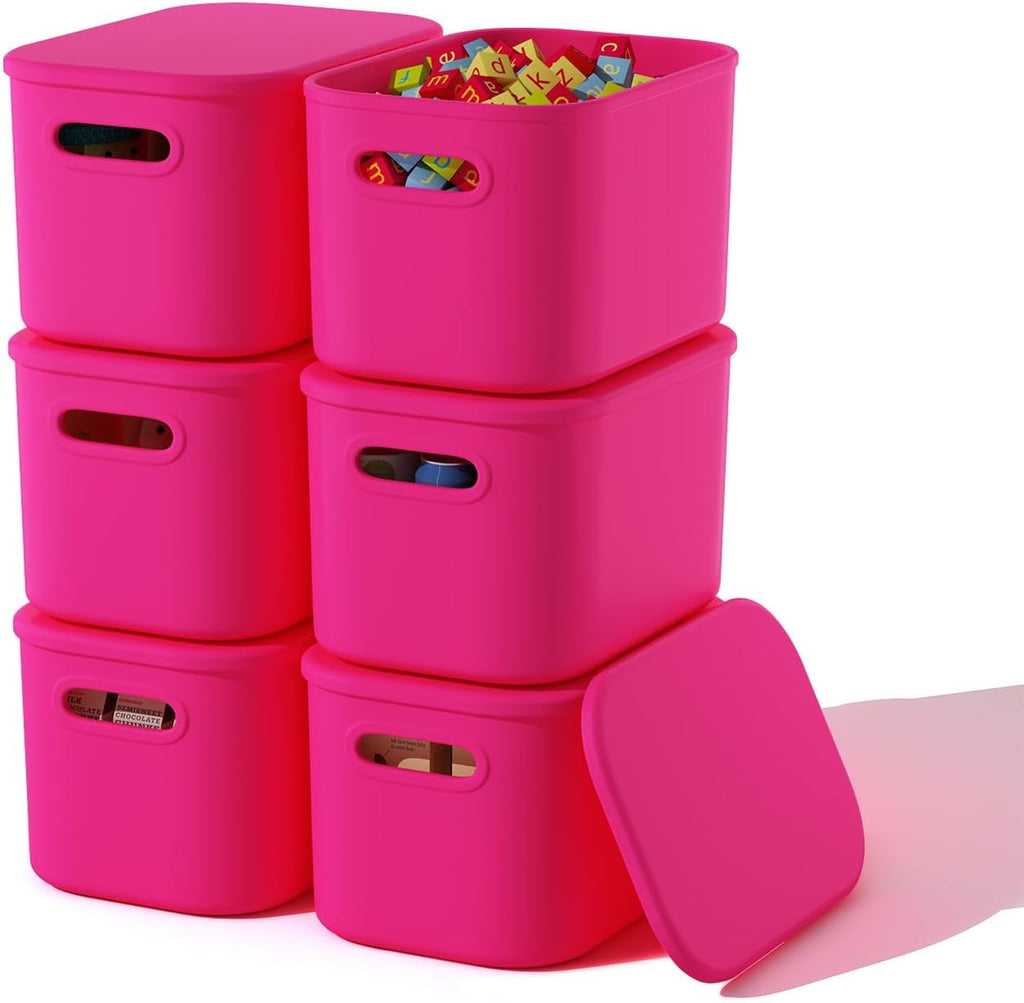6 Pack White Storage Bins with Lids Stackable Storage Container for Organizing, Storage Boxes with Handle for Shelves, Cute Organizer Bins for Craft, Snacks, 9.85x6.9x5.7 inch