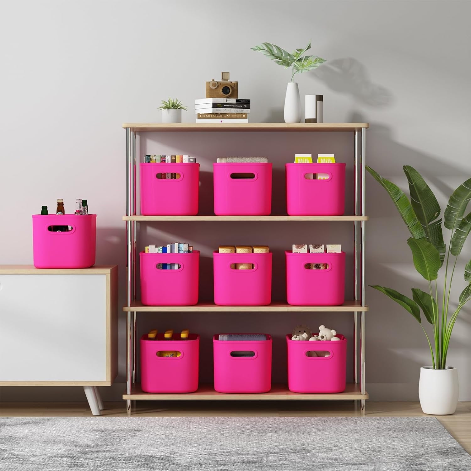 6 Pack White Storage Bins with Lids Stackable Storage Container for Organizing, Storage Boxes with Handle for Shelves, Cute Organizer Bins for Craft, Snacks, 9.85x6.9x5.7 inch