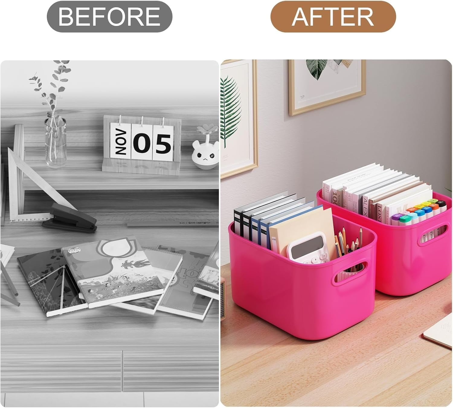 6 Pack White Storage Bins with Lids Stackable Storage Container for Organizing, Storage Boxes with Handle for Shelves, Cute Organizer Bins for Craft, Snacks, 9.85x6.9x5.7 inch