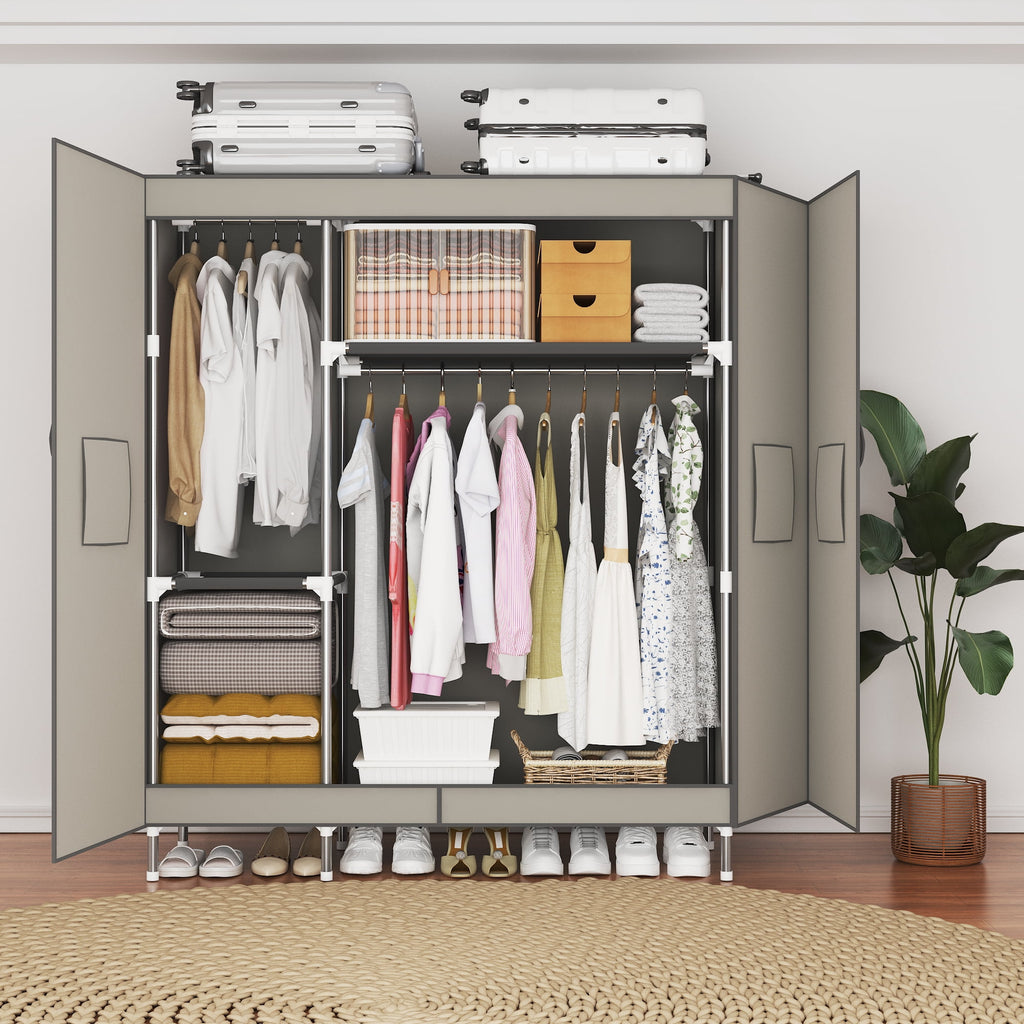 Arlukin 49.2-inch portable wardrobe, double doors, 1 long hanging rod, sturdy steel frame, fabric storage, easy to assemble, dust-proof design,Grey