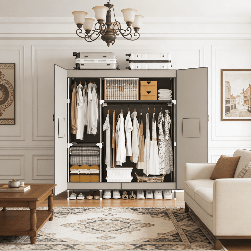 Arlukin 49.2-inch portable wardrobe, double doors, 1 long hanging rod, sturdy steel frame, fabric storage, easy to assemble, dust-proof design,Grey