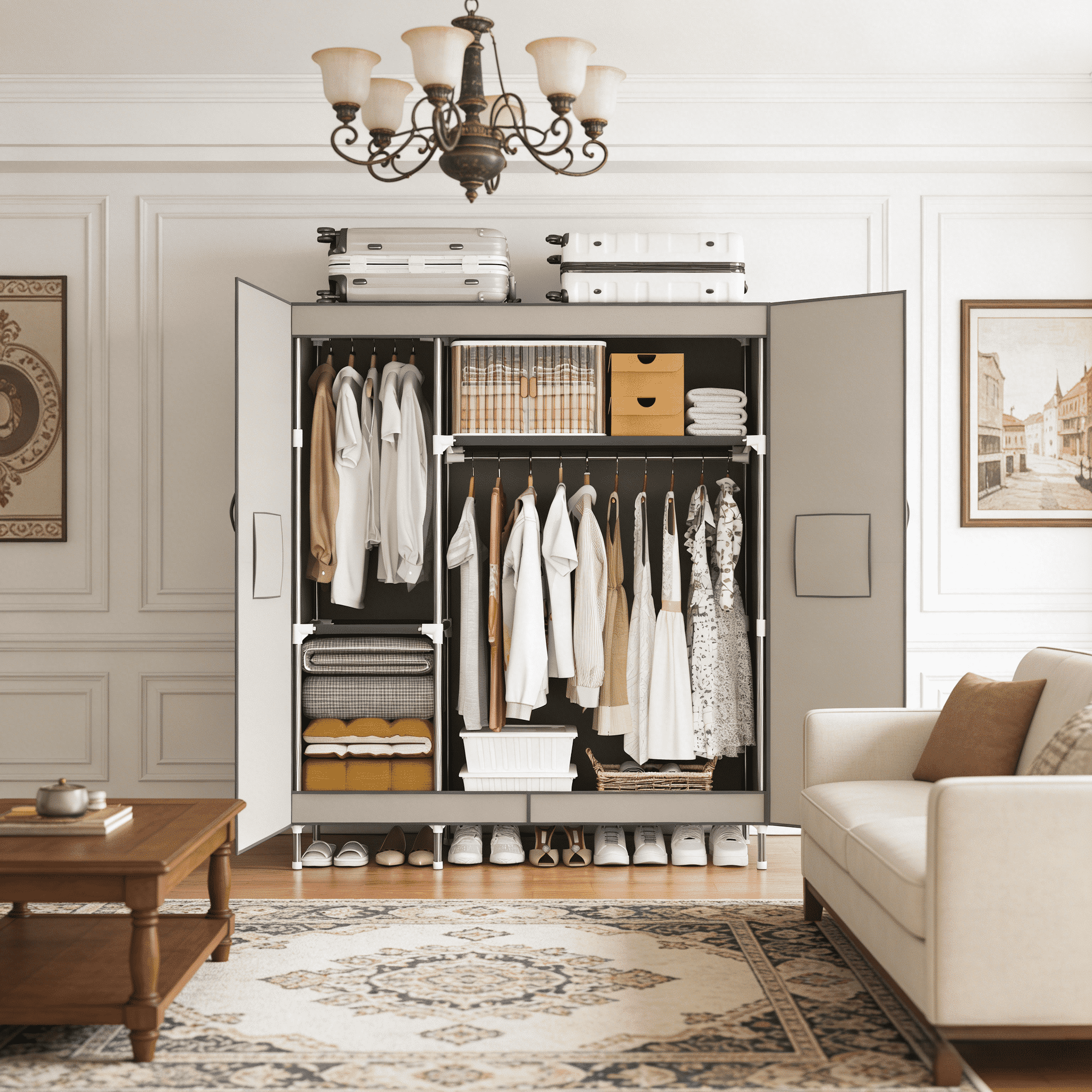 Arlukin 49.2-inch portable wardrobe, double doors, 1 long hanging rod, sturdy steel frame, fabric storage, easy to assemble, dust-proof design,Grey
