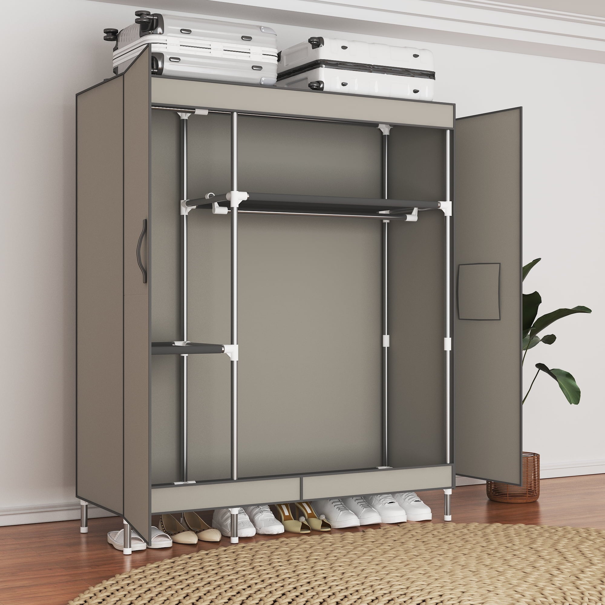 Arlukin 49.2-inch portable wardrobe, double doors, 1 long hanging rod, sturdy steel frame, fabric storage, easy to assemble, dust-proof design,Grey