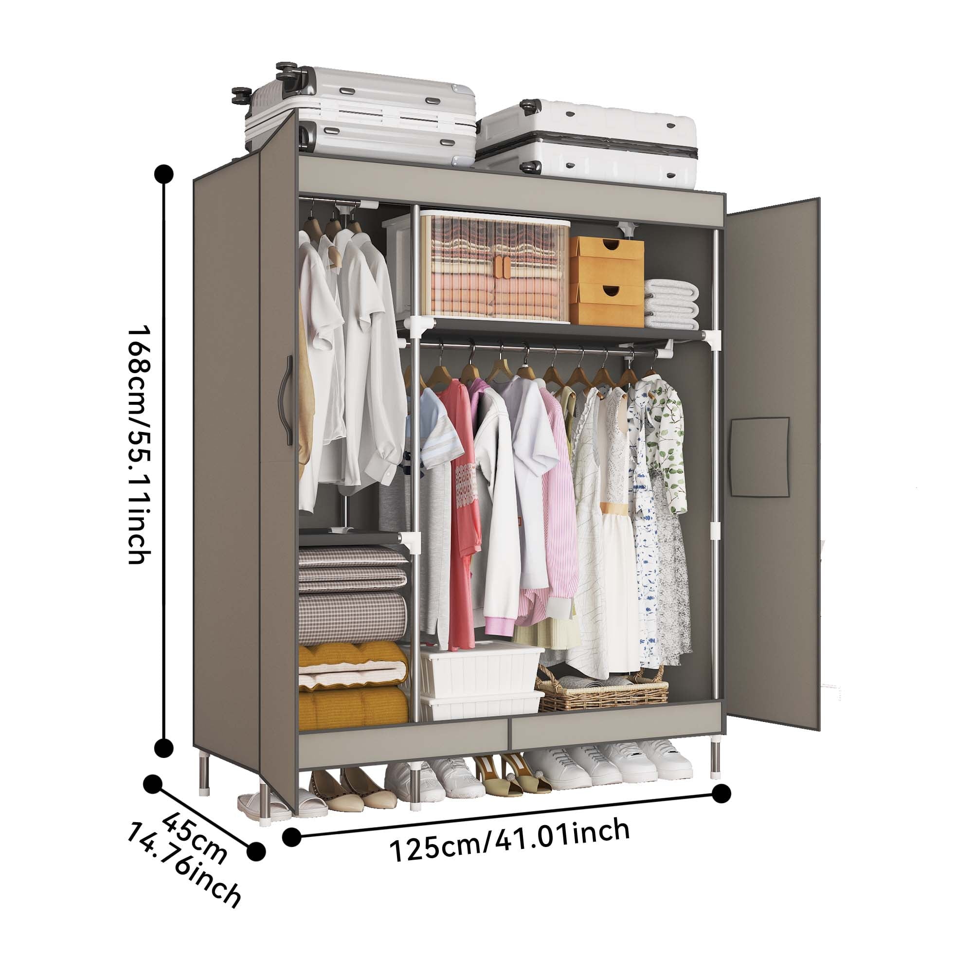 Arlukin 49.2-inch portable wardrobe, double doors, 1 long hanging rod, sturdy steel frame, fabric storage, easy to assemble, dust-proof design,Grey