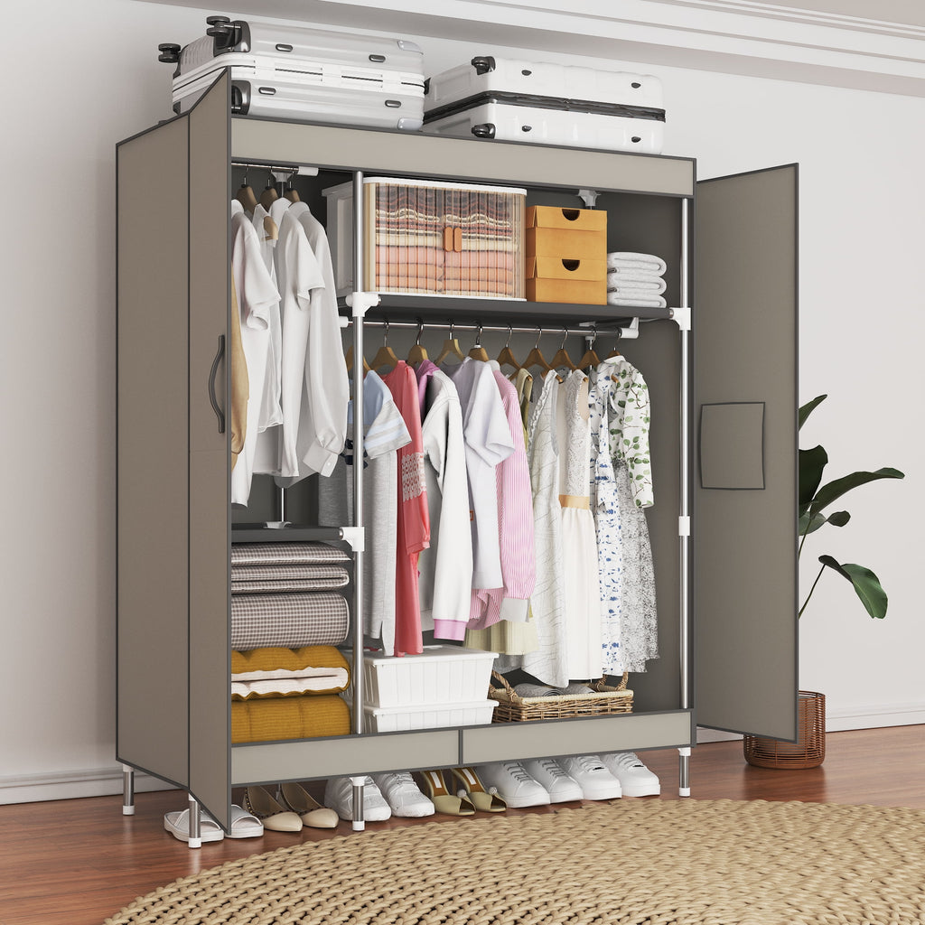 Arlukin 49.2-inch portable wardrobe, double doors, 1 long hanging rod, sturdy steel frame, fabric storage, easy to assemble, dust-proof design,Grey