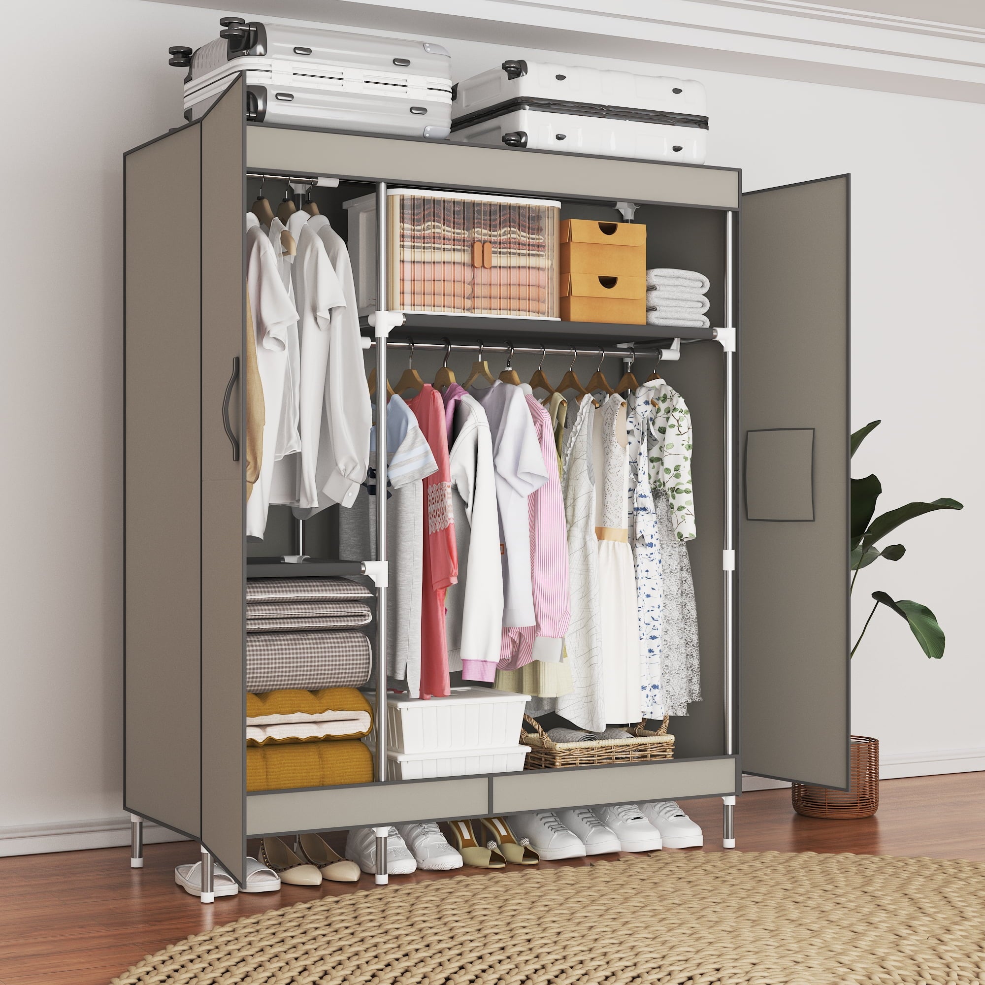 Arlukin 49.2-inch portable wardrobe, double doors, 1 long hanging rod, sturdy steel frame, fabric storage, easy to assemble, dust-proof design,Grey