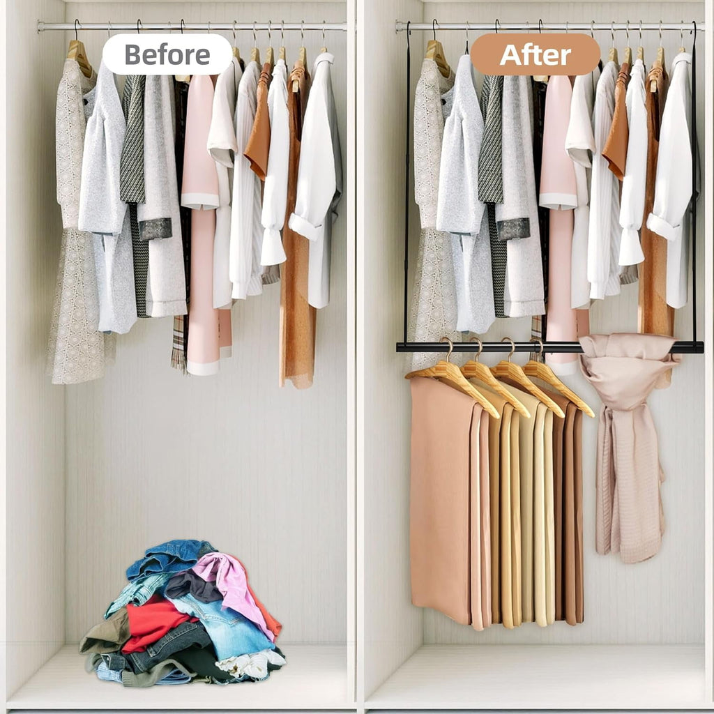 Hanging Closet Rod, Adjustable Width and Height Closet Hanging Organizer, Space-Saving Clothes Hanging Bar, Closet Extender Hanging Rod Double Closet Hanging Rod,  Chrome
