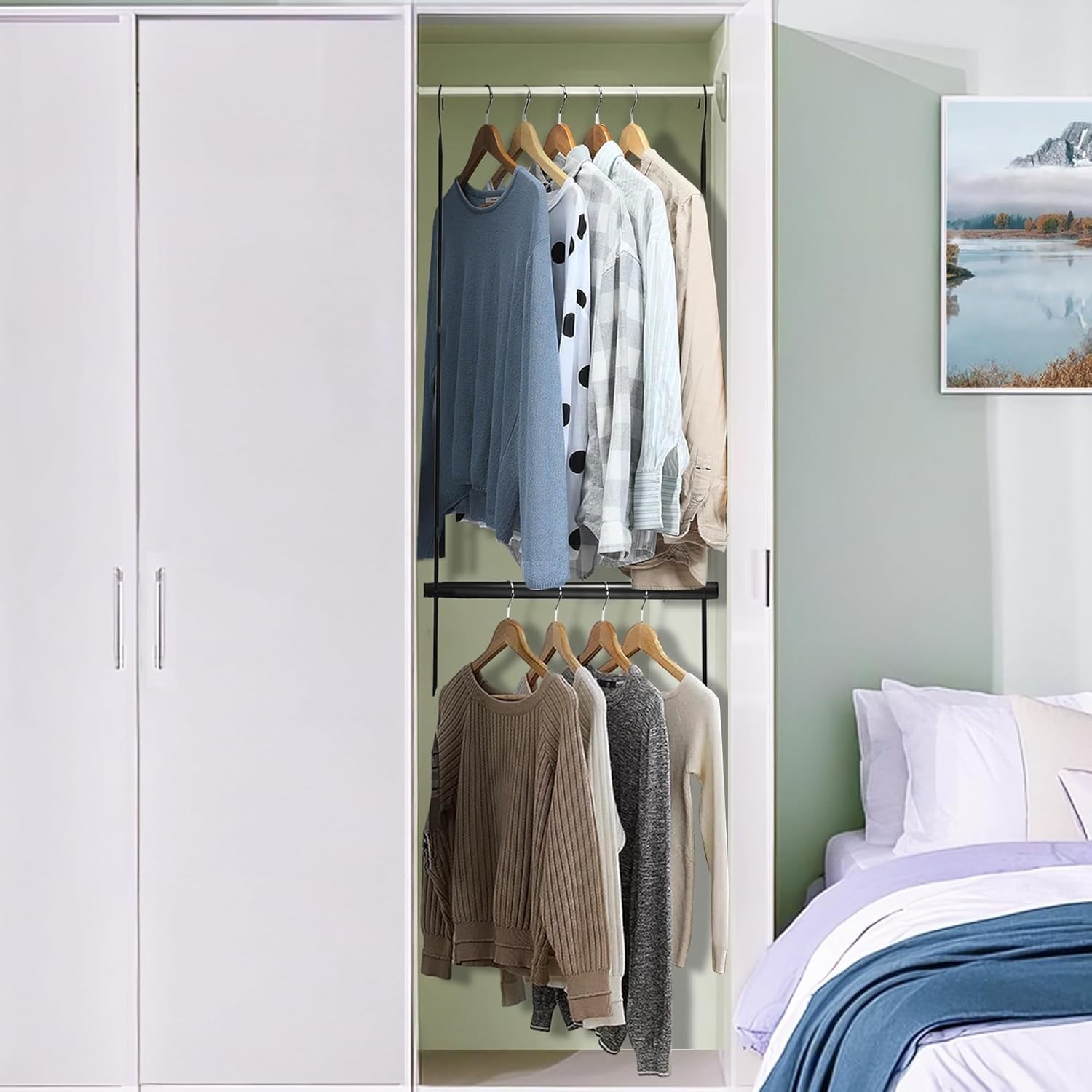 Hanging Closet Rod, Adjustable Width and Height Closet Hanging Organizer, Space-Saving Clothes Hanging Bar, Closet Extender Hanging Rod Double Closet Hanging Rod,  Chrome