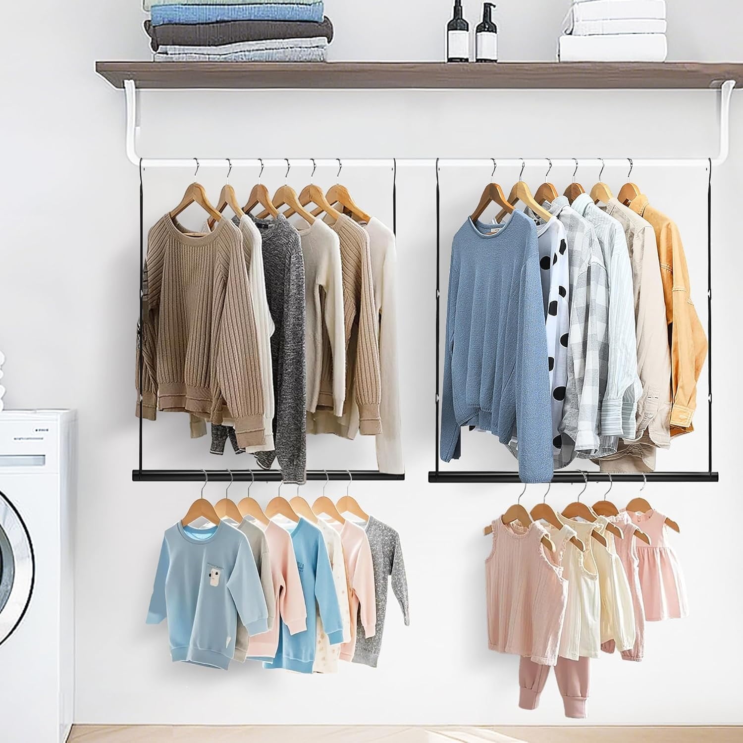 Hanging Closet Rod, Adjustable Width and Height Closet Hanging Organizer, Space-Saving Clothes Hanging Bar, Closet Extender Hanging Rod Double Closet Hanging Rod,  Chrome