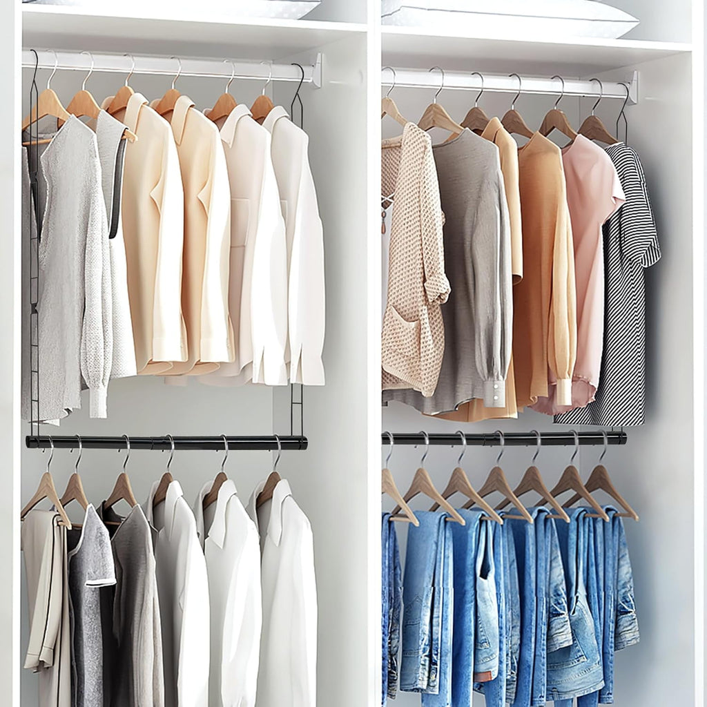 Hanging Closet Rod, Adjustable Width and Height Closet Hanging Organizer, Space-Saving Clothes Hanging Bar, Closet Extender Hanging Rod Double Closet Hanging Rod,  Chrome